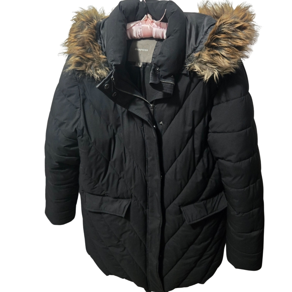 Maurices Women's Black Puffer Jacket with Faux Fur Hood, Size L-XL